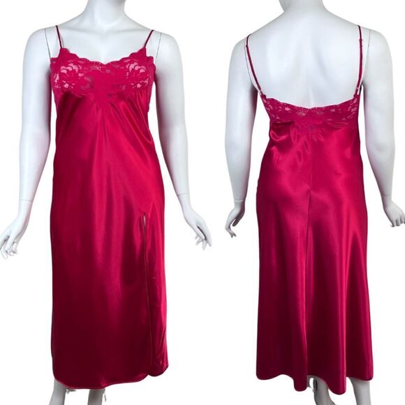 Victoria's Secret Red Sheer Lace Satin Size L Romantic Midi Slip Y2K Sexy Dress - Picture 1 of 14